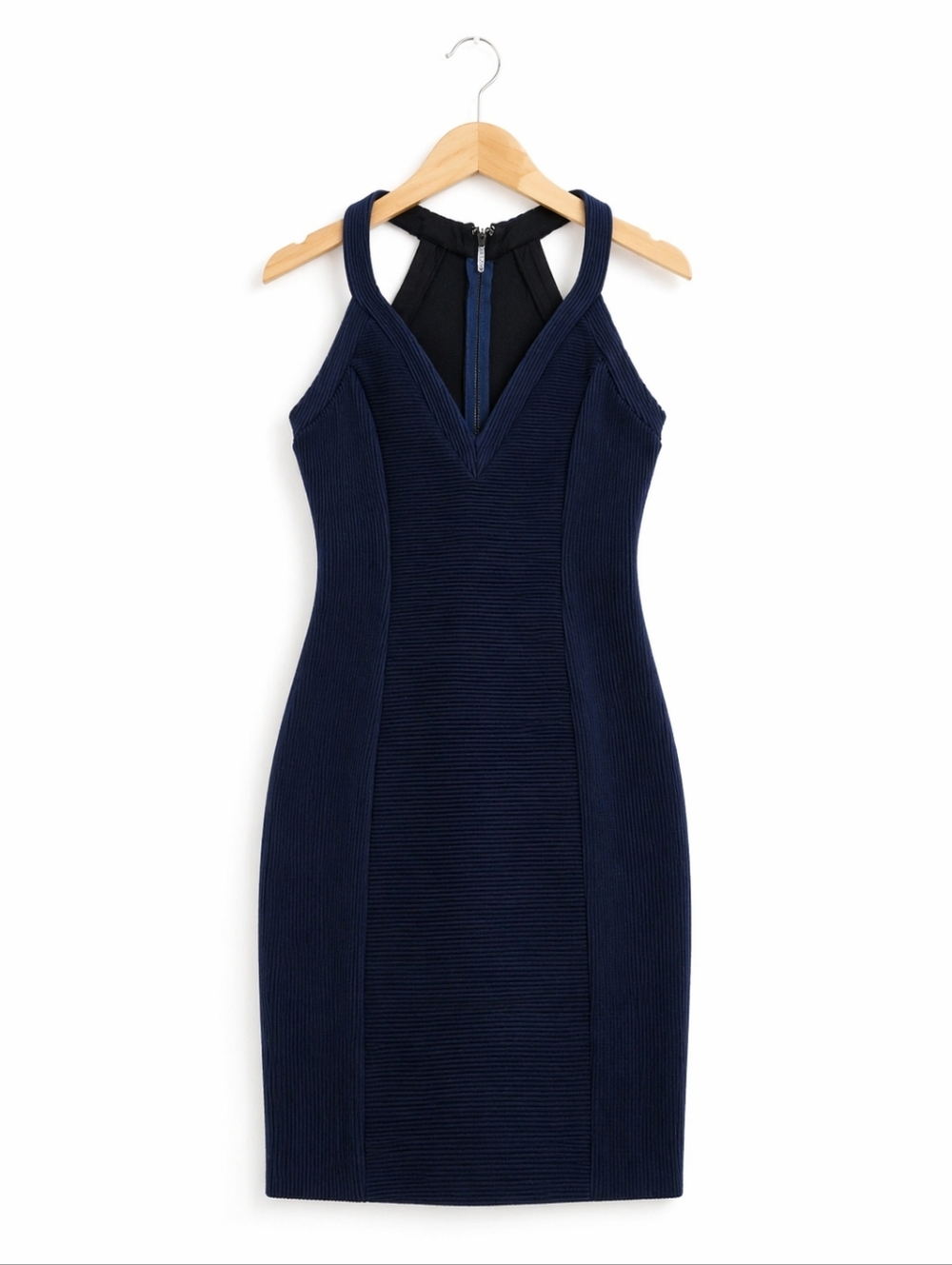 Guess Navy Ribbed V‑Neck Midi Bodycon Dress